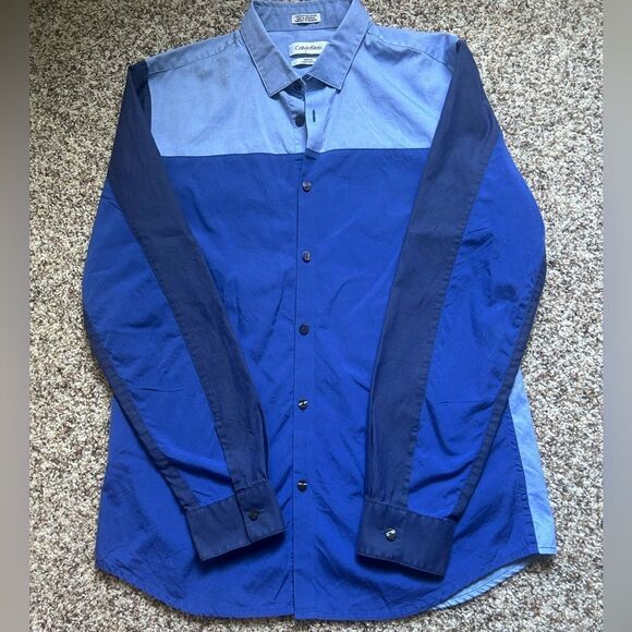 Calvin Klein Men’s Tri-Colored Blue Button Yp Retro Body Fit Cotton Shirt Medium - Picture 1 of 7
